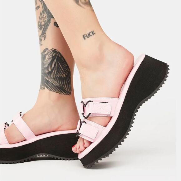 Demonia Flip Pink Hologram Slip On Double Heart Wedge Sandals - Picture 1 of 6